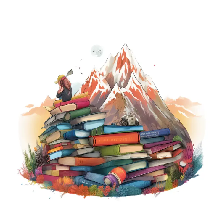 Penguin Reading on a Colorful Stack of Books in the Mountains
