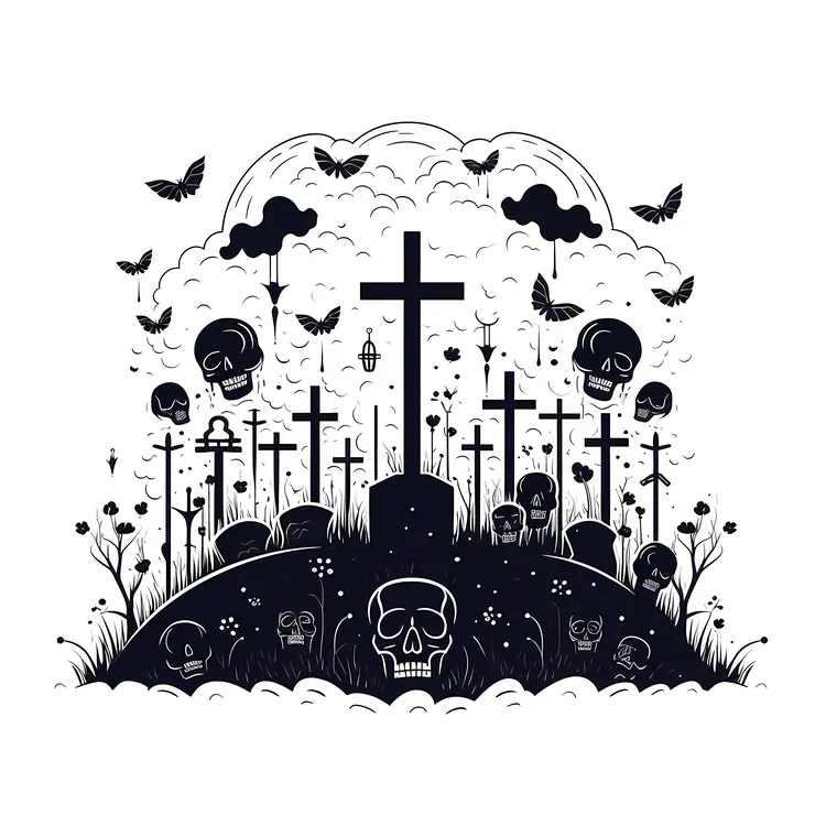Graveyard with Crosses and Skulls