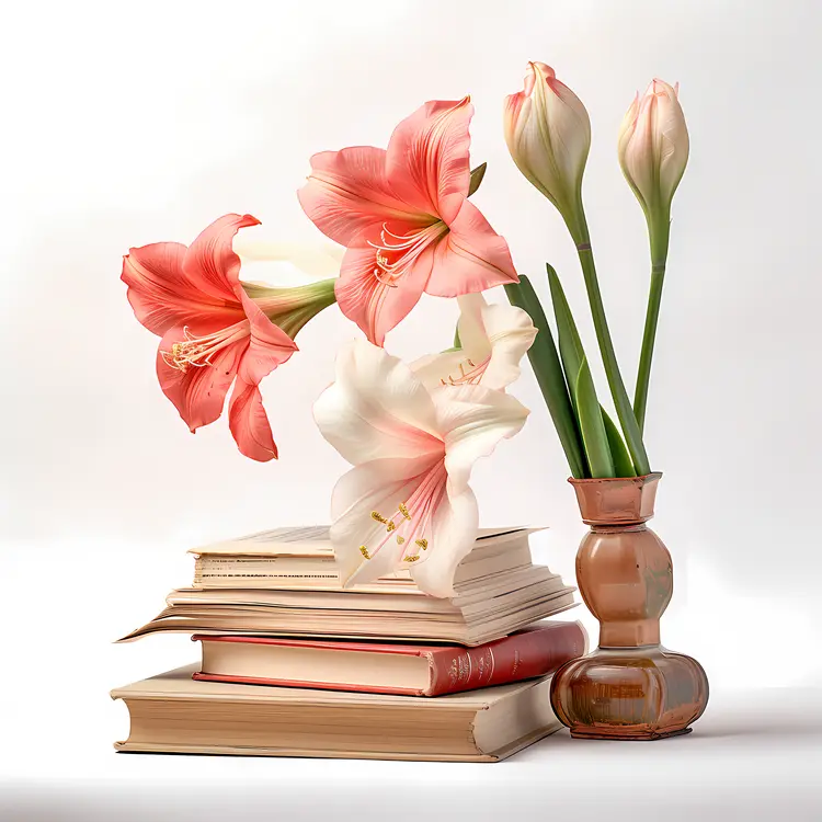Pink and White Flowers with Books and Vase