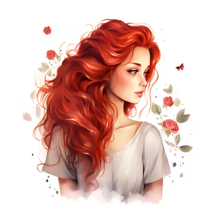 Girl with Red Curly Hair and Flowers