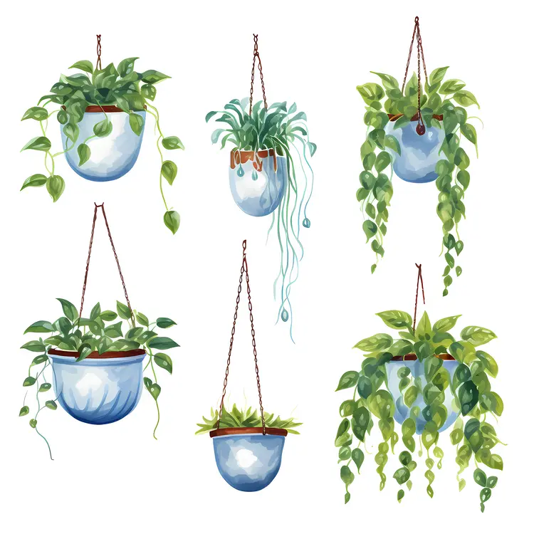 Variety of Hanging Plants in Blue Pots