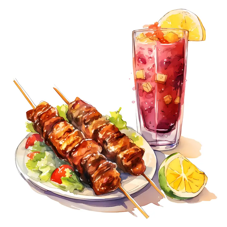 Grilled Meat Skewers with Refreshing Drink
