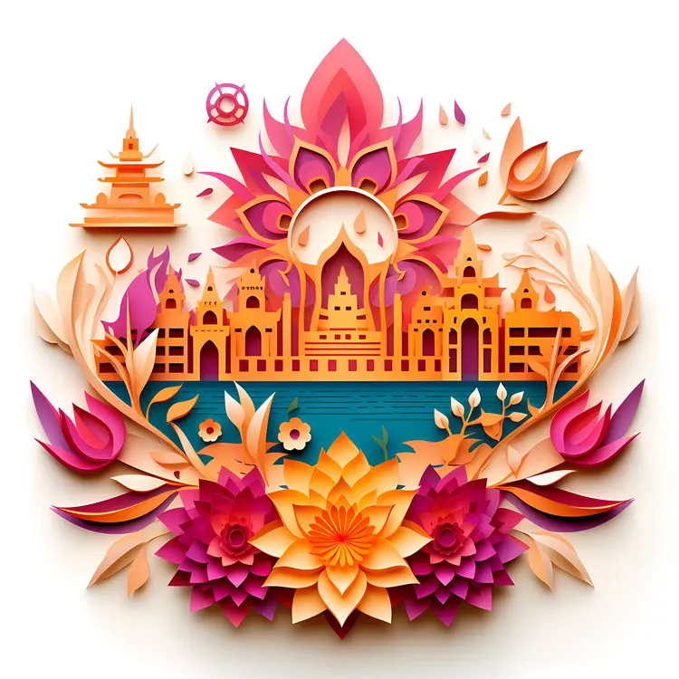 Colorful Paper Flowers with Cityscape