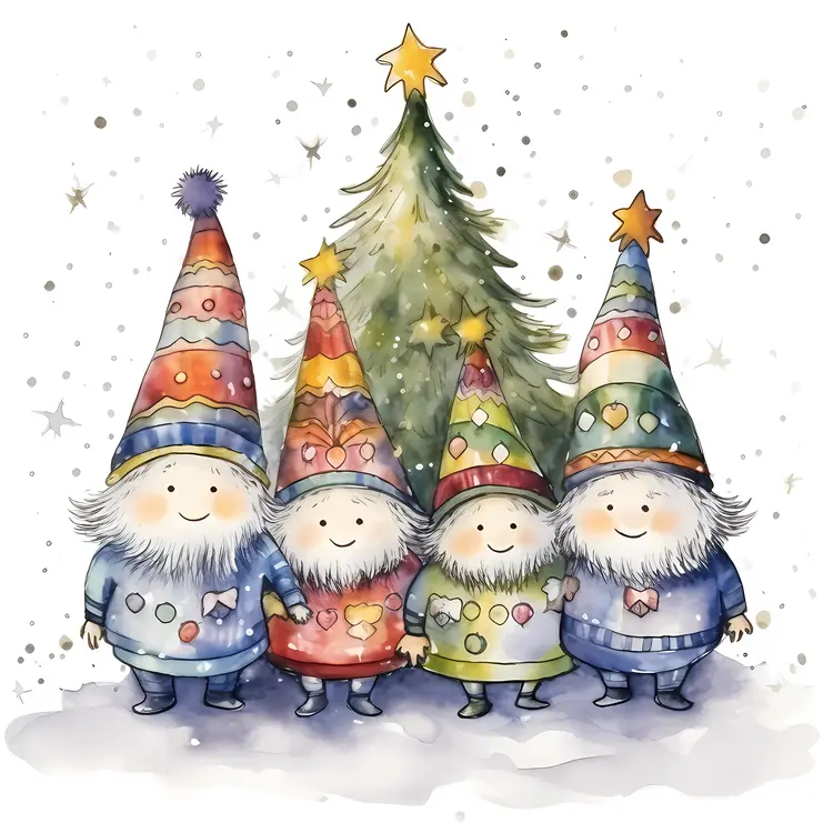 Four Gnomes with Christmas Tree