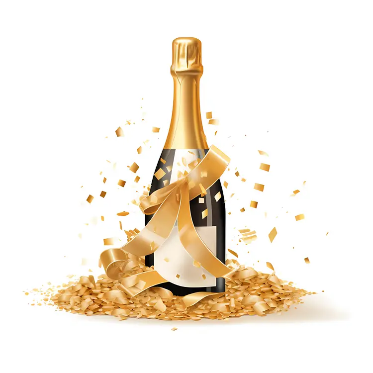 Champagne Bottle with Gold Ribbon and Confetti