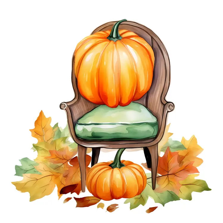 Pumpkin on Chair with Autumn Leaves
