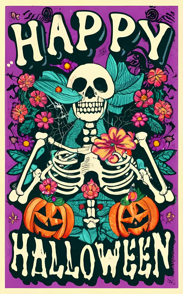 Happy Halloween Skeleton with Pumpkins