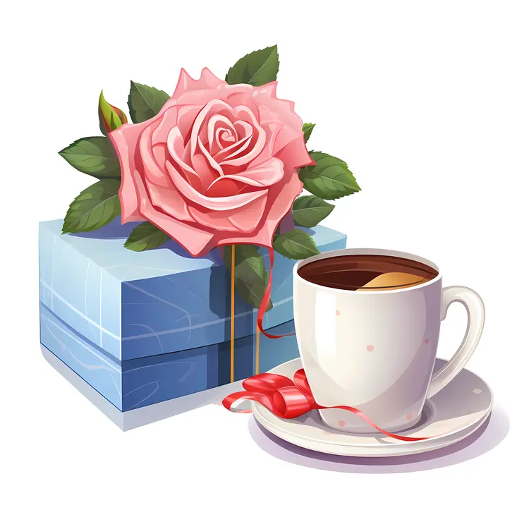 Pink Rose and Gift Box with Coffee Cup