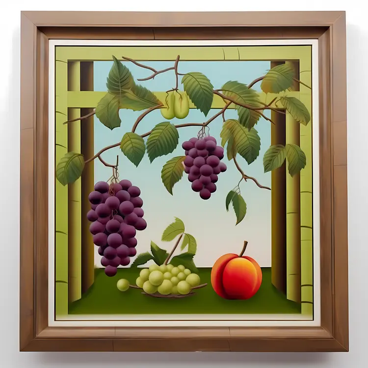 Framed Still Life Painting with Grapes and Apple