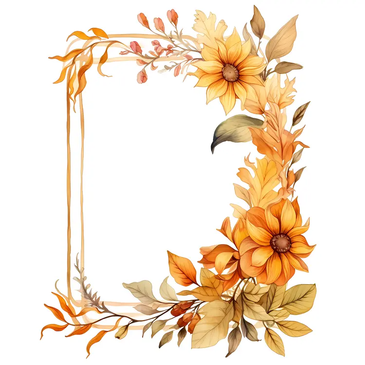 Yellow and Orange Floral Frame with Leaves