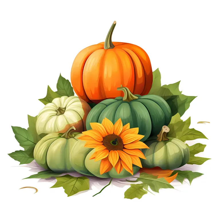 Pumpkins and Sunflower with Autumn Leaves