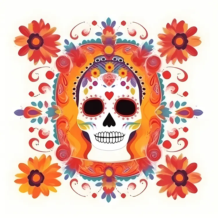Colorful Sugar Skull with Floral Decorations for Day of the Dead