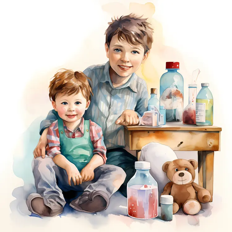 Two Brothers with Medicine and a Teddy Bear