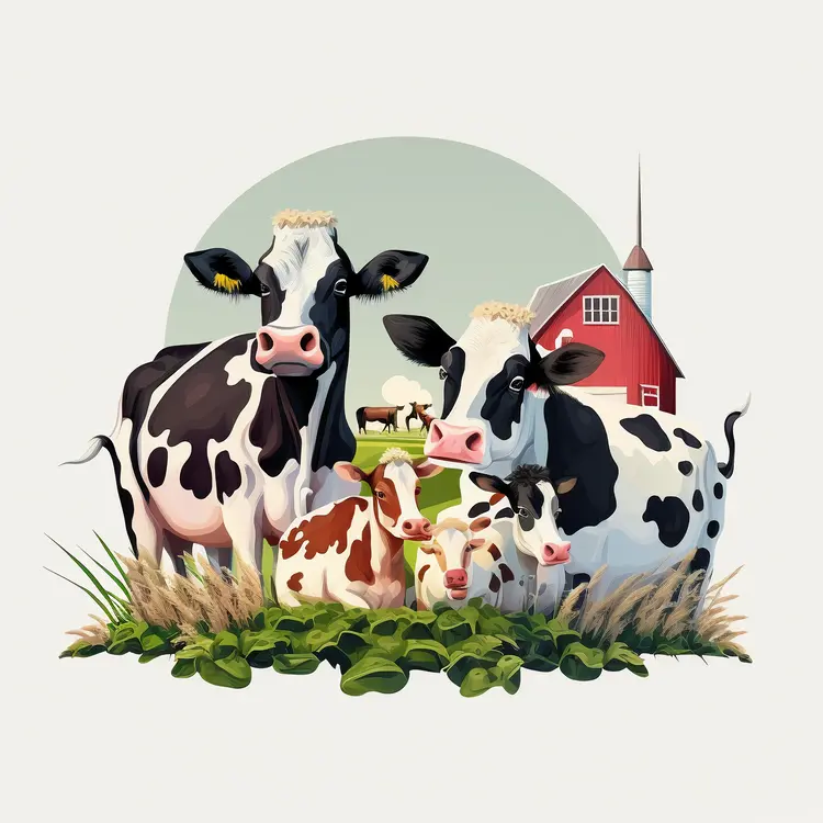 Cows on a Farm with a Red Barn