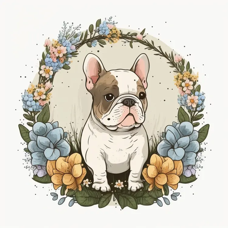 Cute Dog in Floral Wreath Illustration