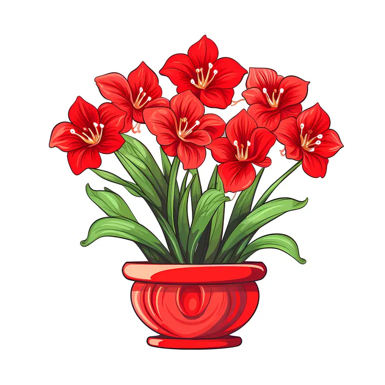 Red Amaryllis Flowers in a Red Pot