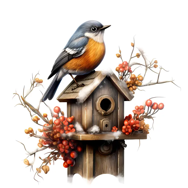 Bird on Birdhouse with Berries