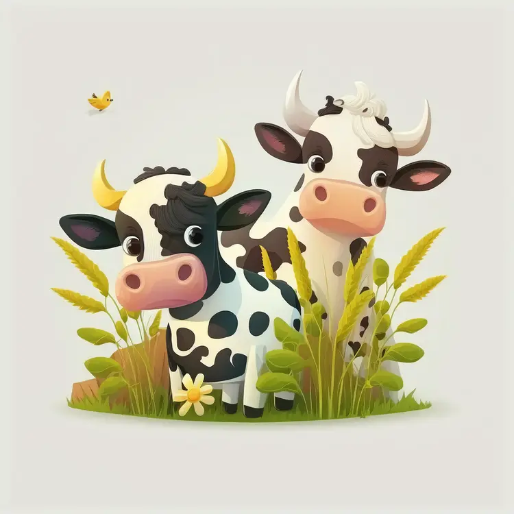Cute Cartoon Cows in a Pasture