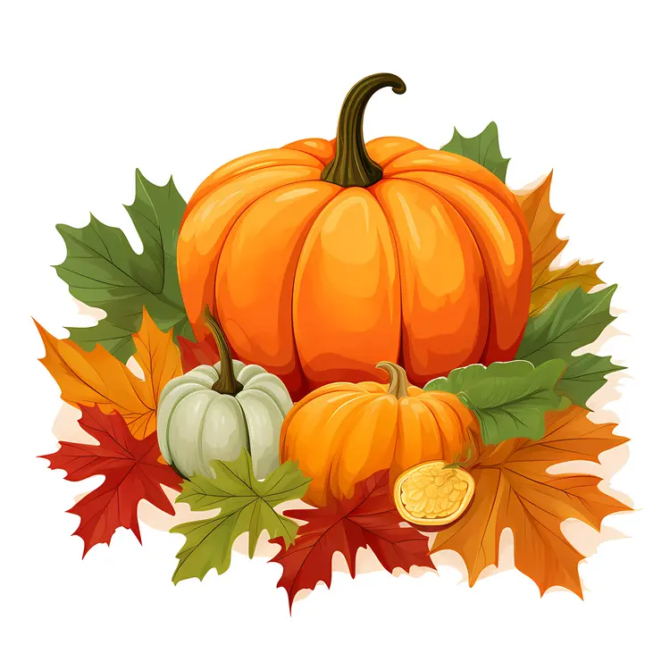 Orange Pumpkin with Autumn Leaves and Small Pumpkins