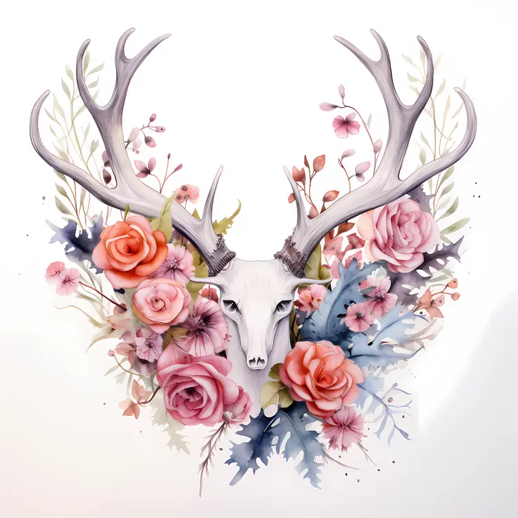 Deer Skull with Floral Art