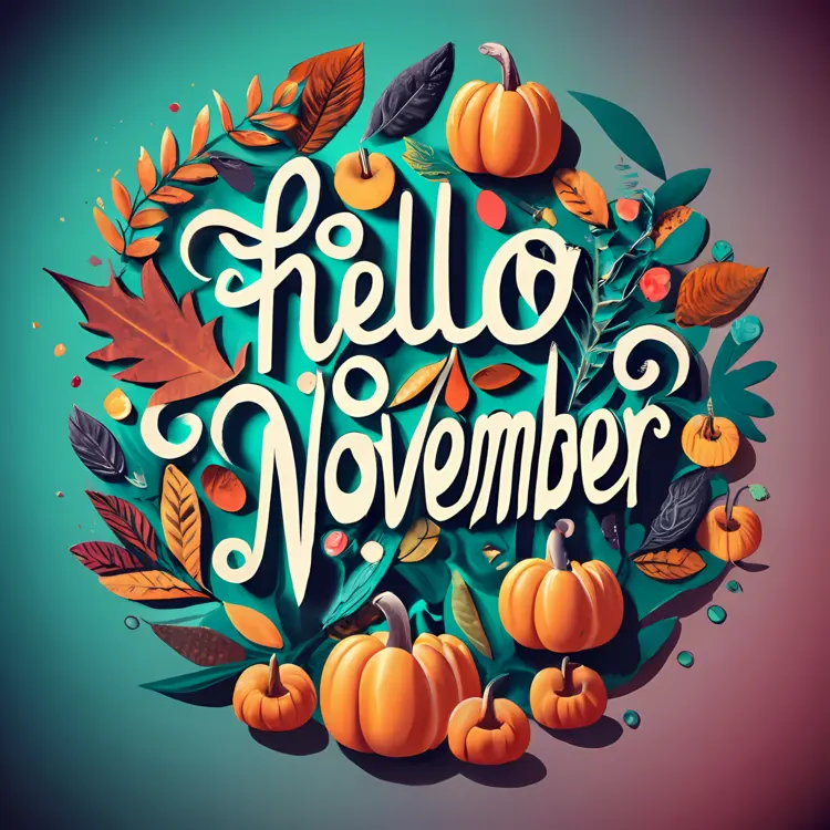Hello November Text with Pumpkins and Leaves