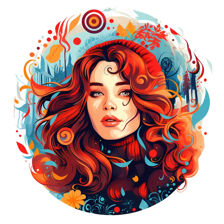 Red-haired Woman with Curly Hair in Colorful Background