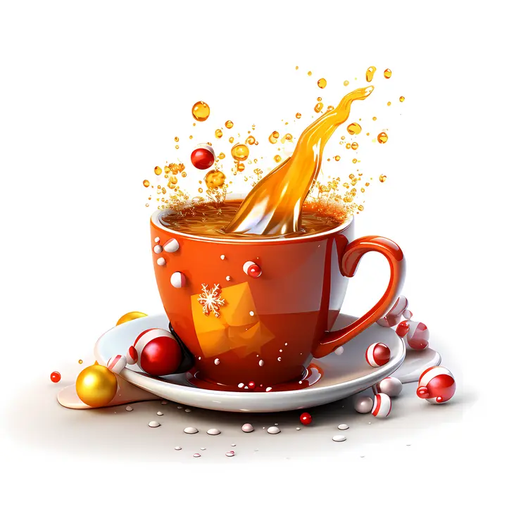 Orange Mug with Splash and Christmas Ornaments