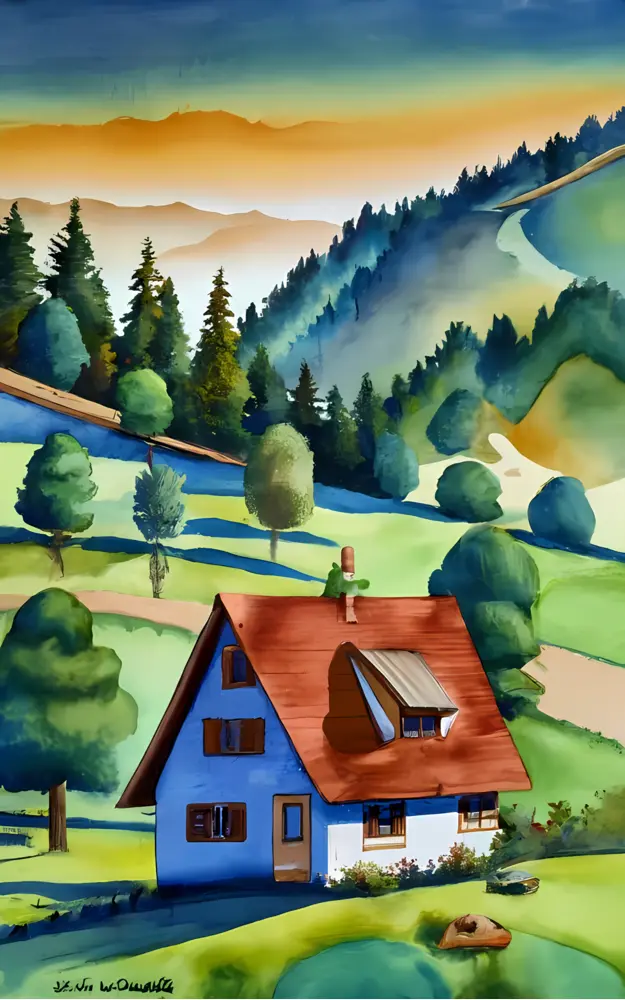 Small cute doodle house in countryside landscape