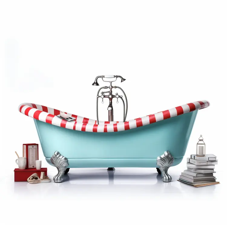 Cozy Bathtub with Striped Rim and Books
