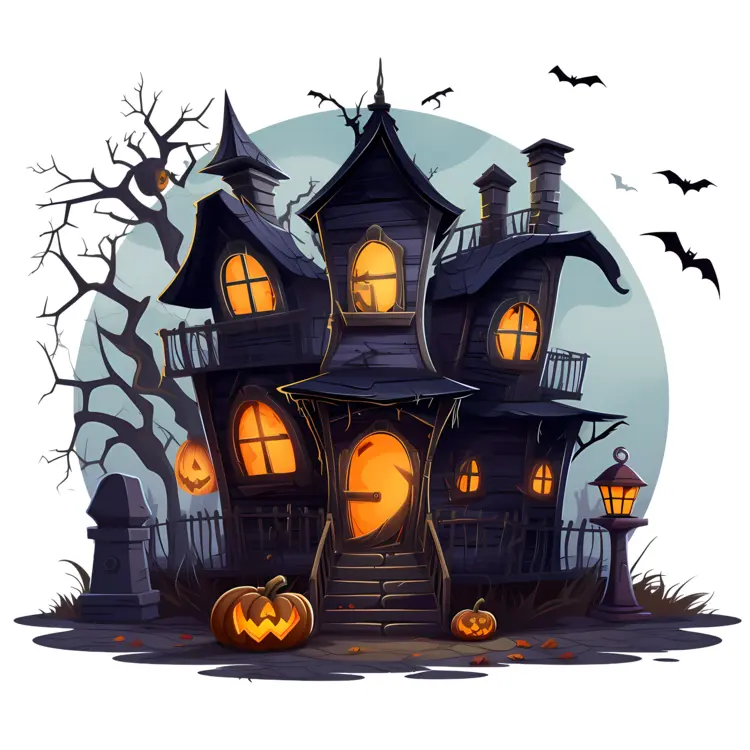 Spooky Haunted House with Pumpkins