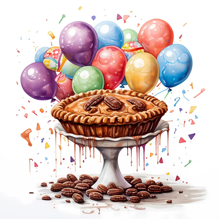 Festive Pecan Pie with Colorful Balloons