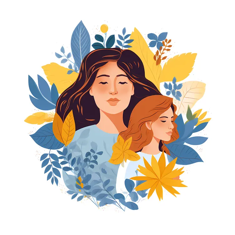 Beautiful Mother and Child Illustration Surrounded by Nature