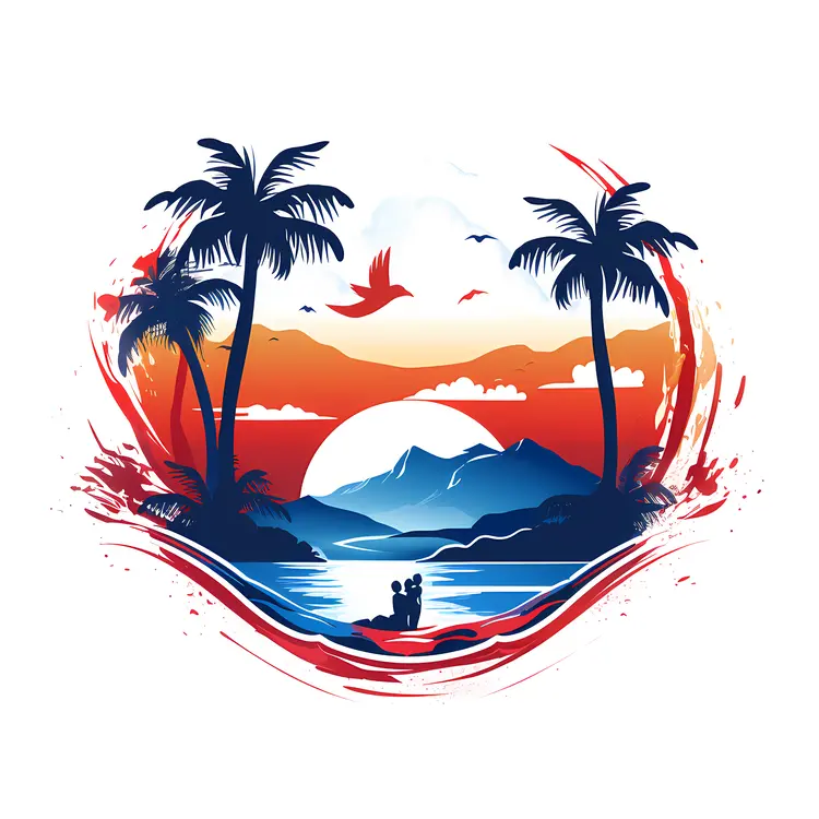 Sunset over Tropical Island with Palm Trees