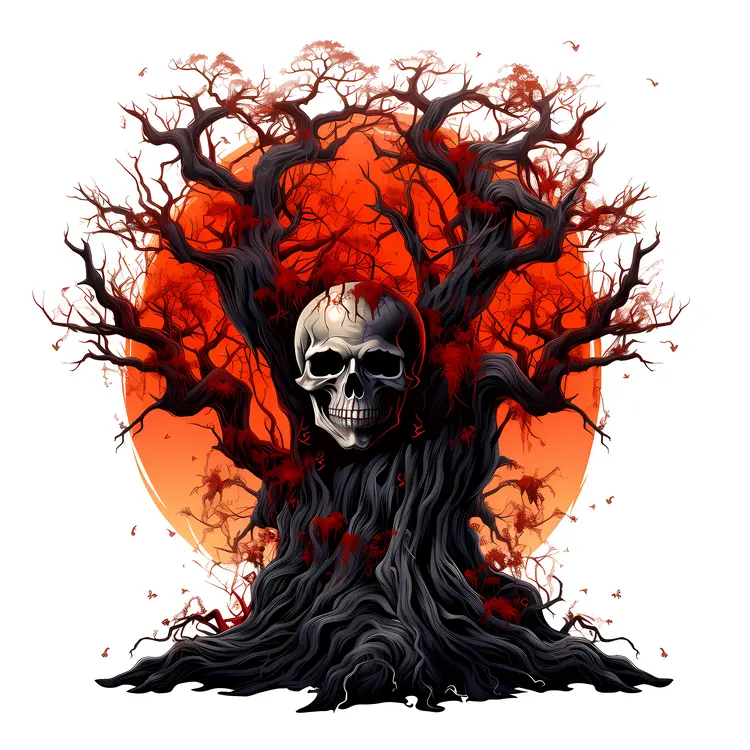 Haunted Tree with Skull and Red Moon