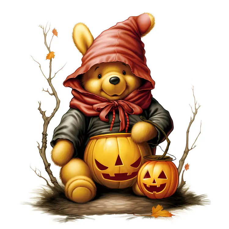 Cute Bear in Witch Costume with Pumpkin for Halloween