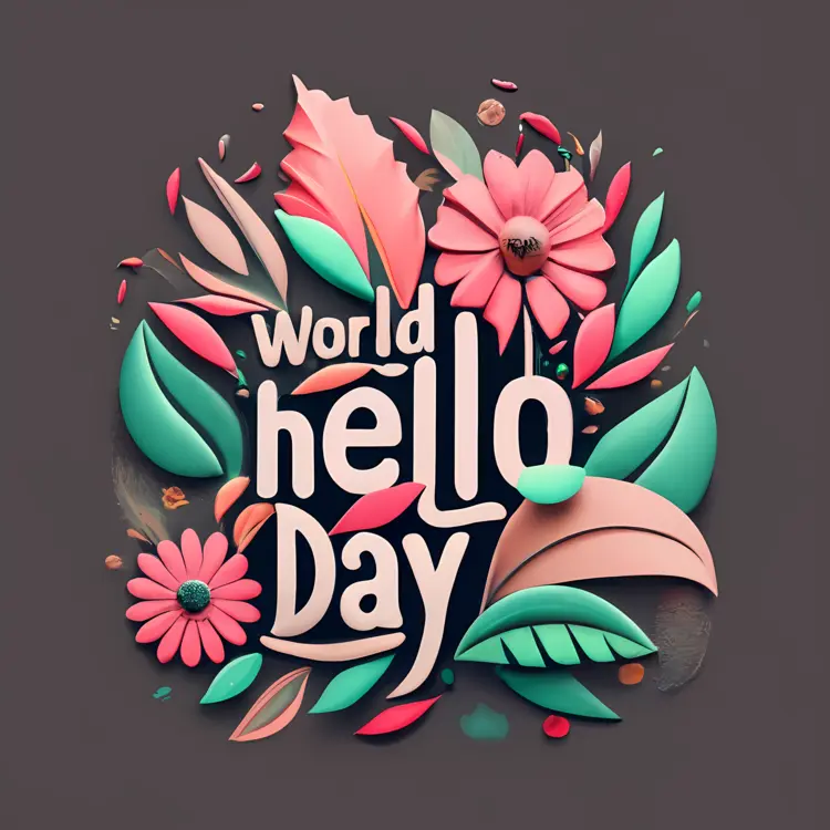 World Hello Day with Pink Flowers and Green Leaves