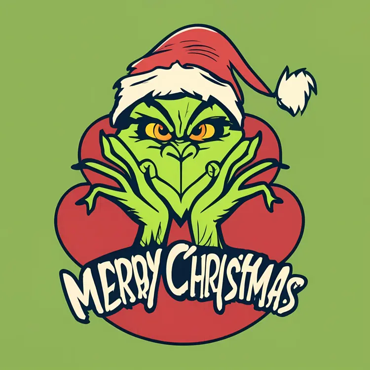 Grinch in Santa Hat with Merry Christmas Text