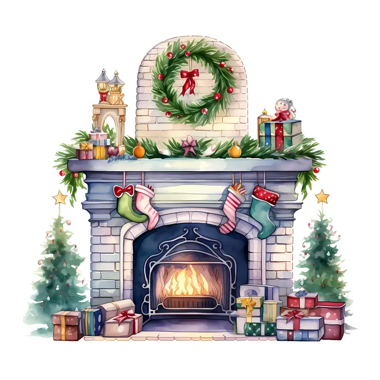 Cozy Christmas fireplace with decorations