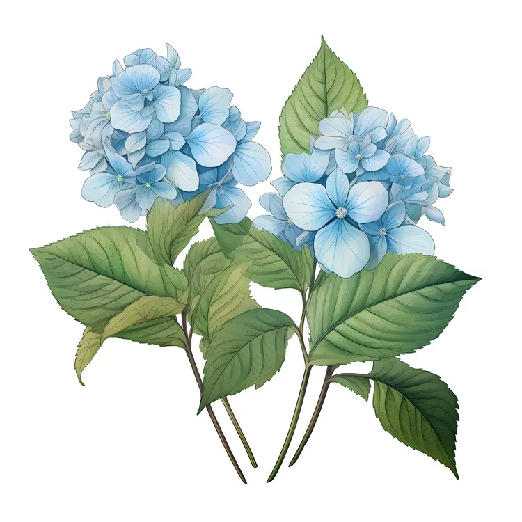 Two Stems of Blue Hydrangea Flowers