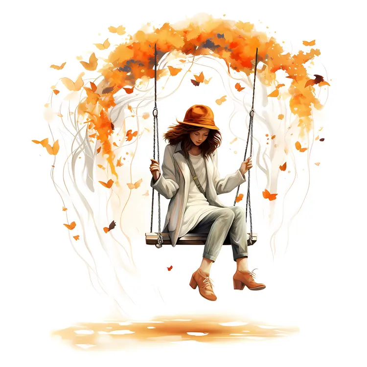 Woman on Swing with Autumn Leaves