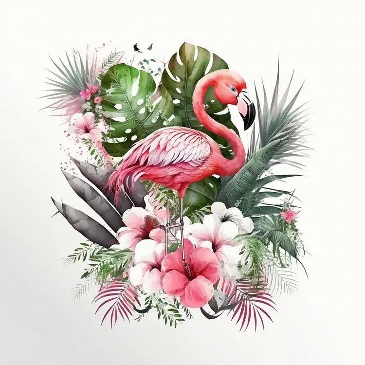 Beautiful Flamingo with Tropical Plants and Flowers