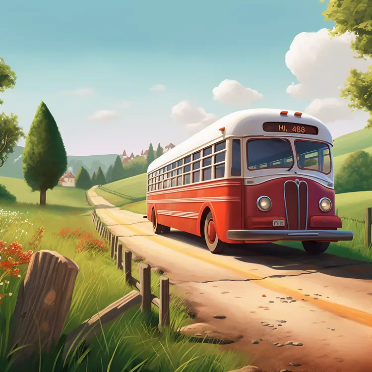 Red Bus on a Countryside Road