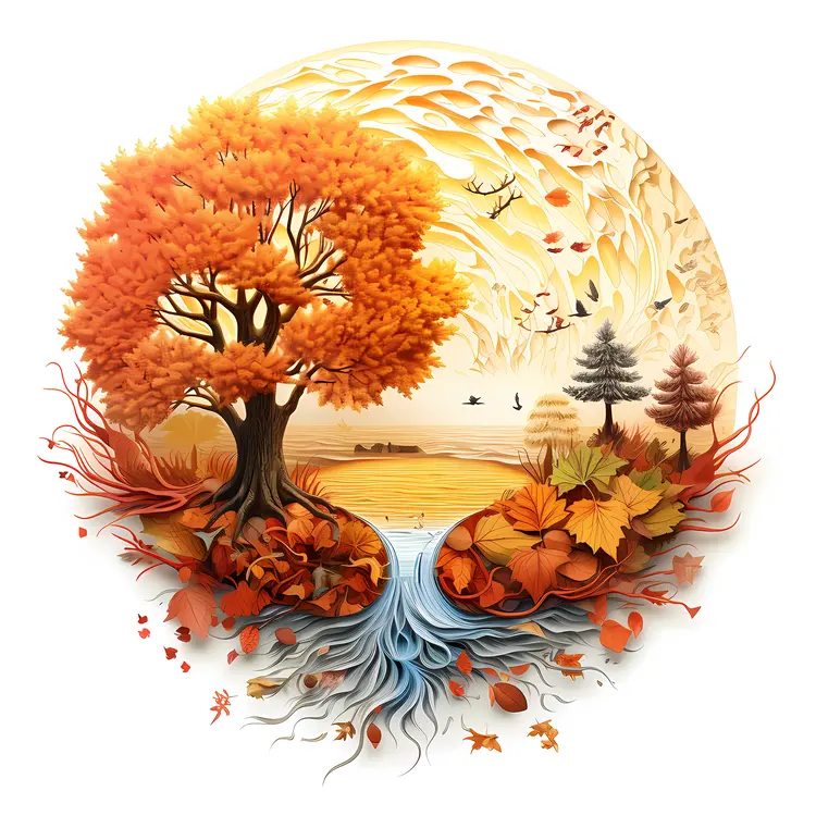 Autumn Tree with River and Leaves