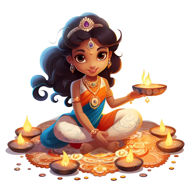 Girl with Diya Lamps Celebrating Diwali
