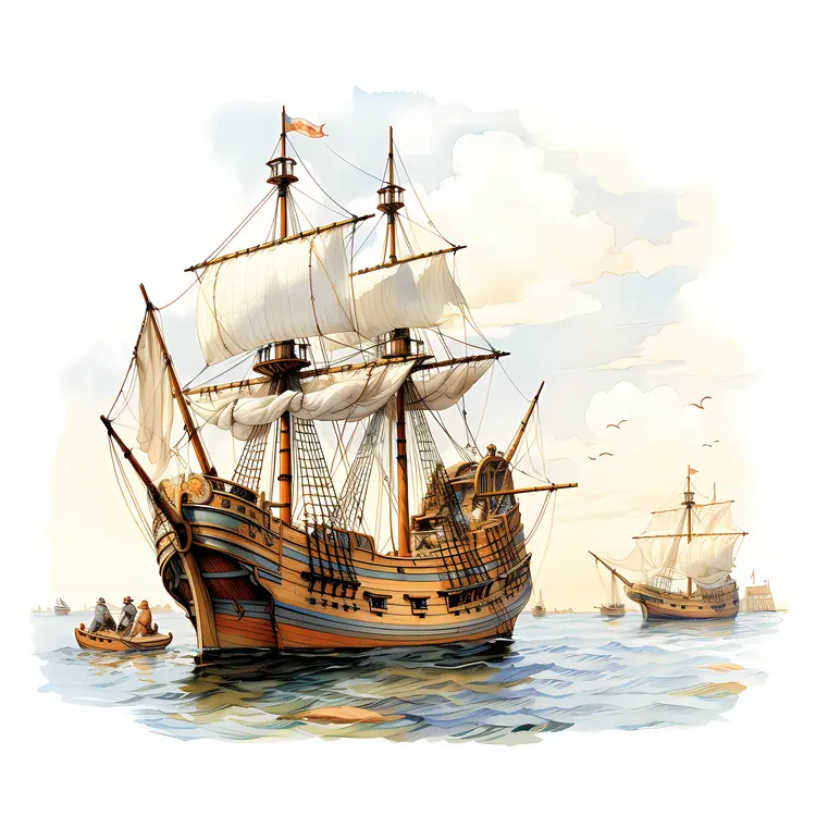 Sailing Ship with Boats on the Sea