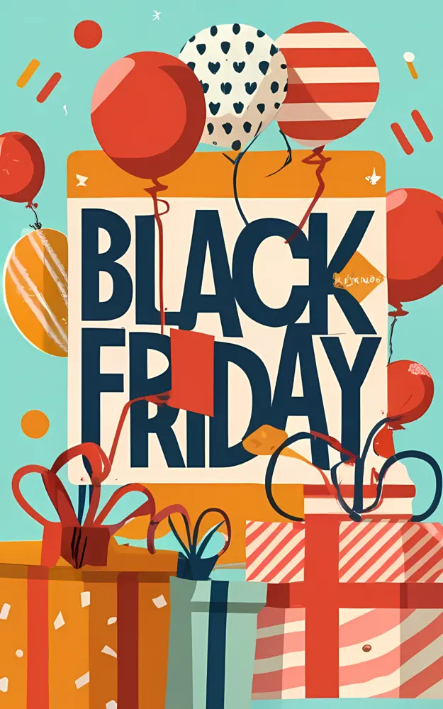 Black Friday Event with Balloons and Wrapped Gifts