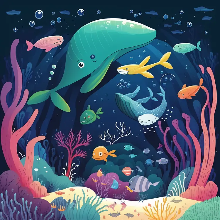Colorful Underwater Scene with Whales and Fish