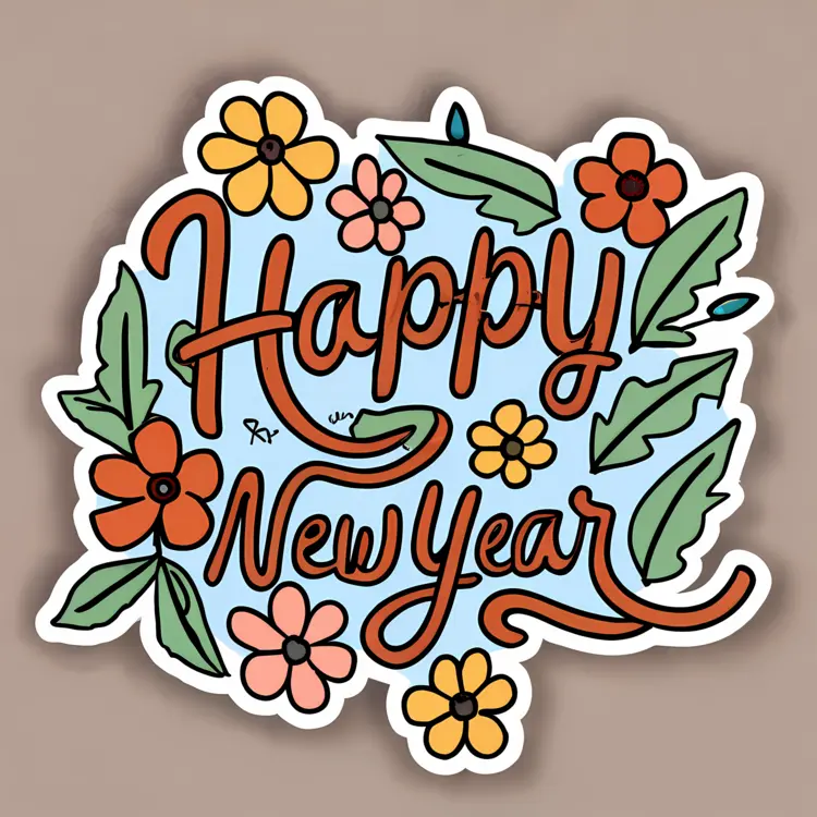 Happy New Year with Flowers and Leaves