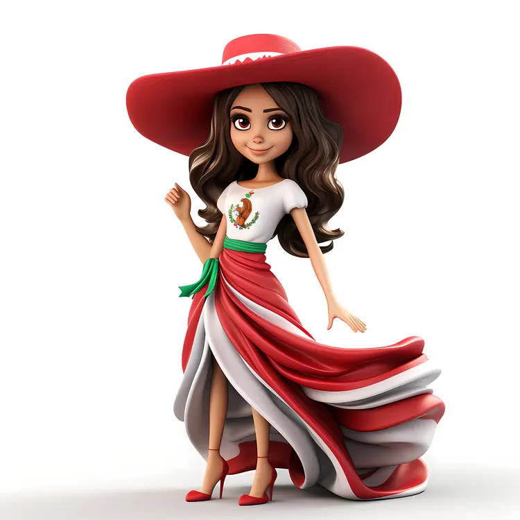 Elegant Girl in Traditional Mexican Dress with Red Hat