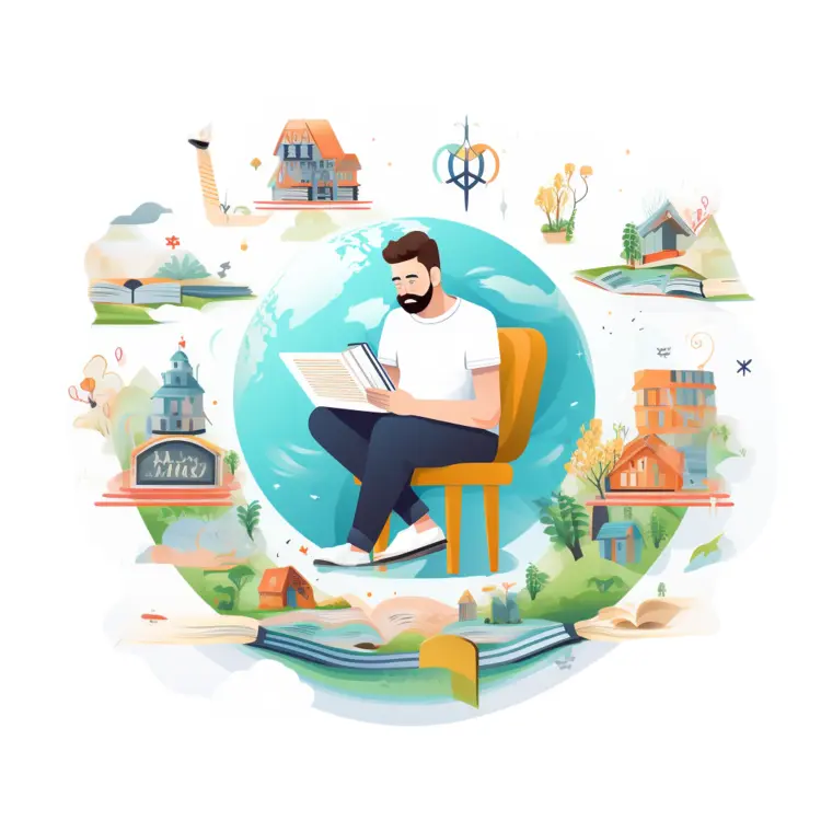 Man Reading a Book with Illustrations of Houses and Nature